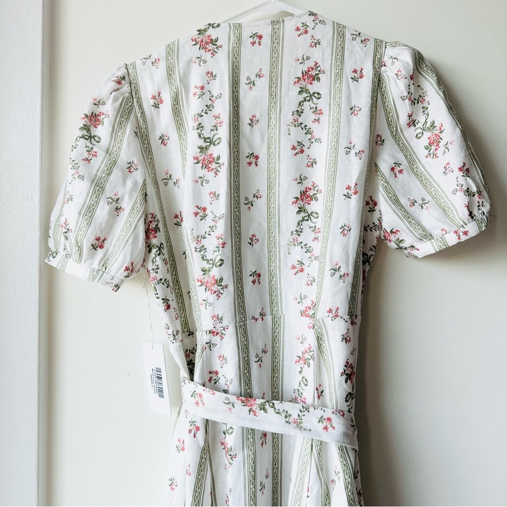 Reformation Cream Floral Stripe Wrap Midi Dress with Pink Blossoms - Picture 6 of 8